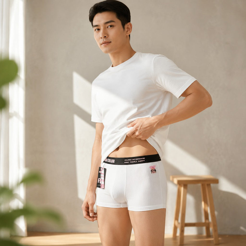 Vertical Rib Cartoon Print Slogan Wide Waist Boxer Briefs