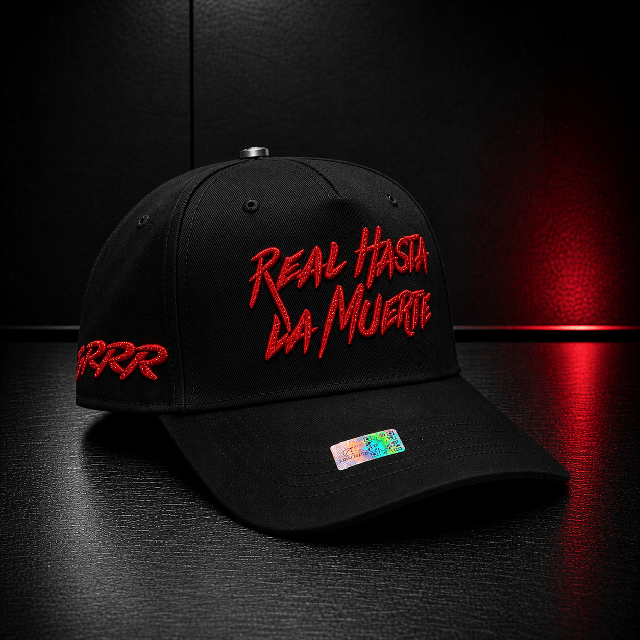 Black Red Statement Script Cap