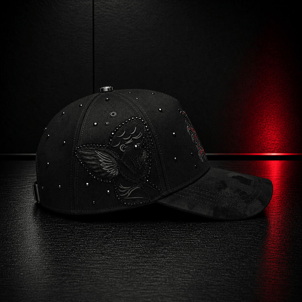 Black Gothic Wing Embroidered Cap