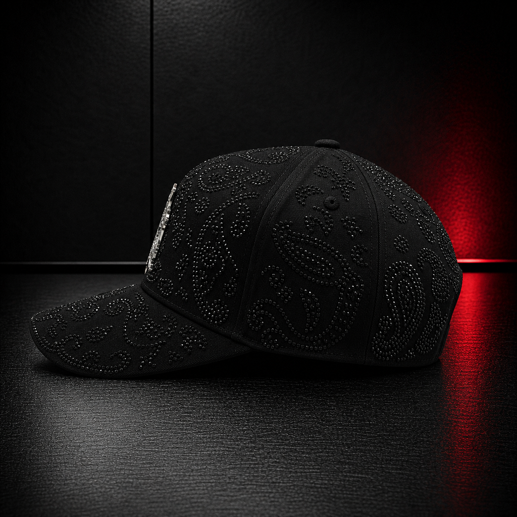 Black Paisley Rhinestone Letter Cap