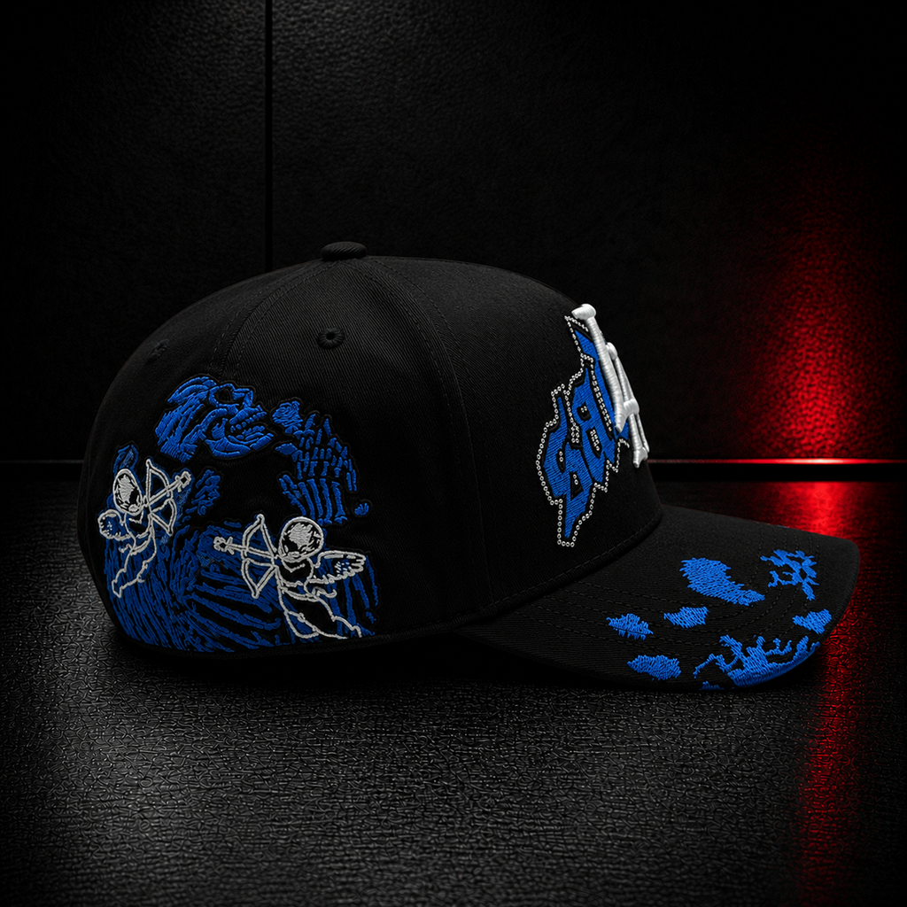 Black Blue Gothic Letter Graphic Cap