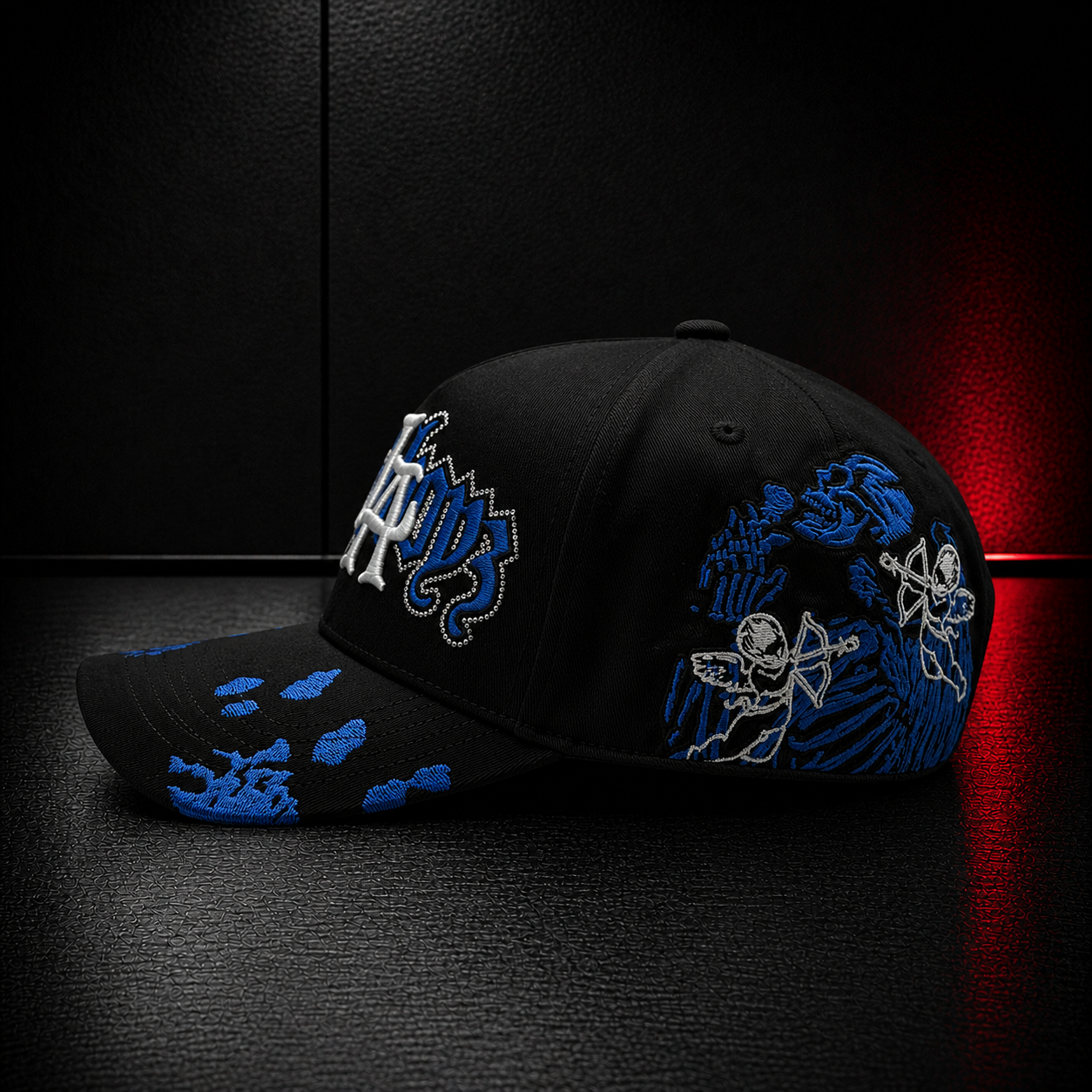Black Blue Gothic Letter Graphic Cap