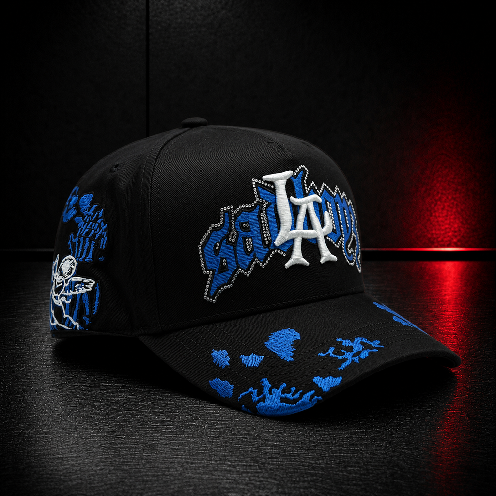 Black Blue Gothic Letter Graphic Cap
