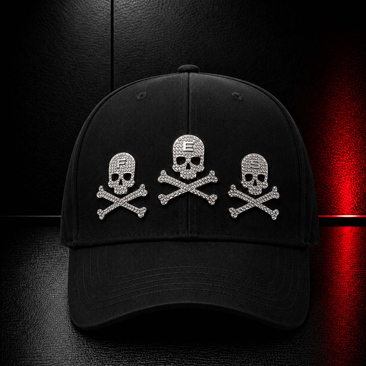 Black Triple Skull Rhinestone Cap