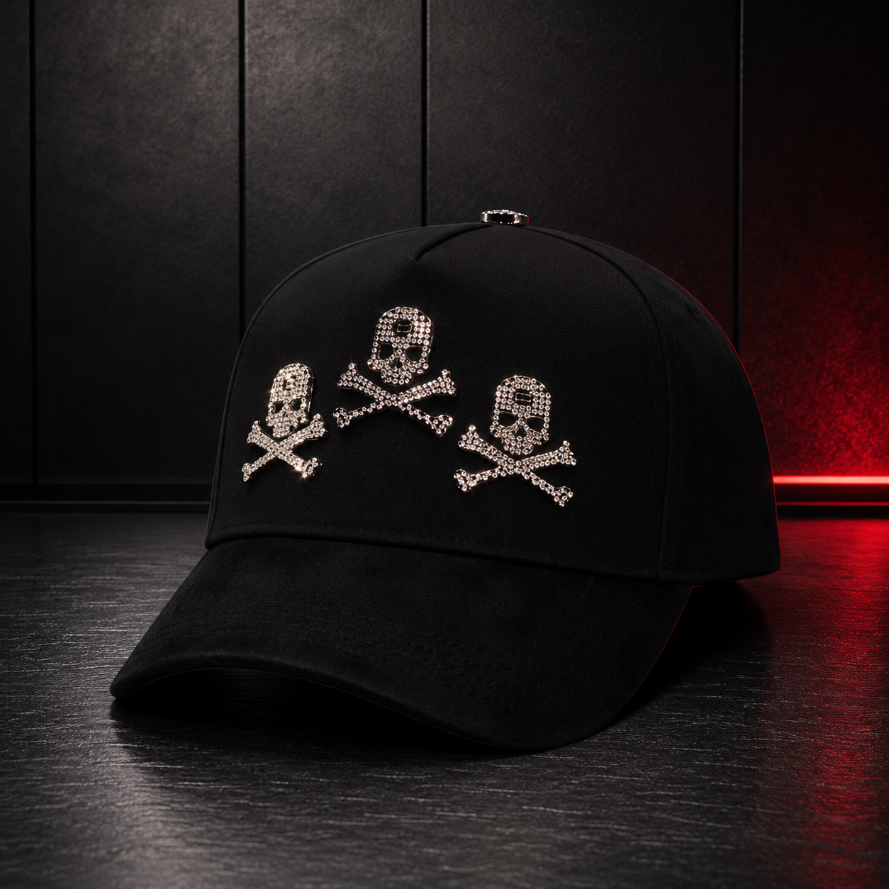 Black Triple Skull Rhinestone Cap