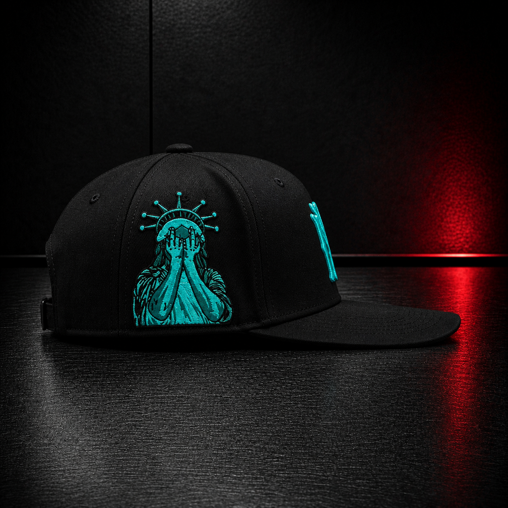 All Eyes On Me NY Teal Embroidered Black Snapback Hat