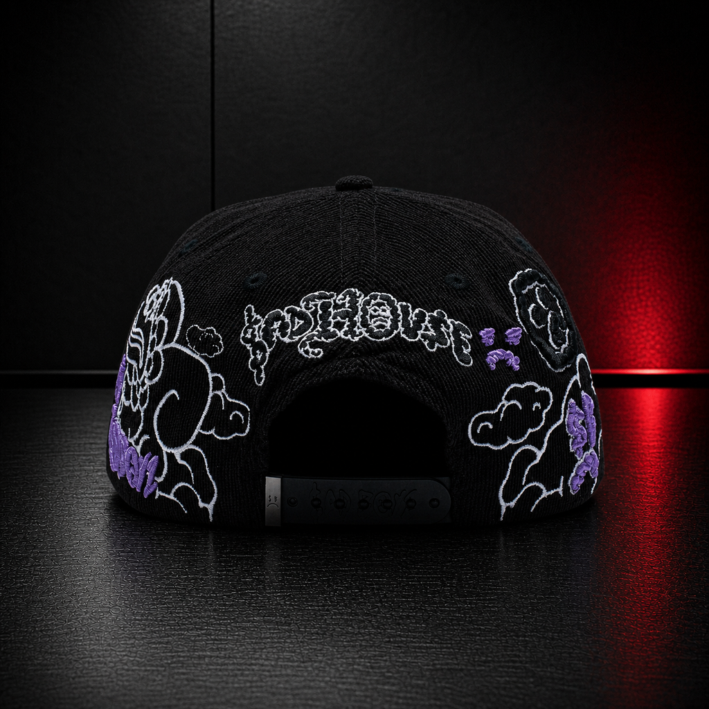 ComplexCon Purple Graffiti Embroidered Black Corduroy Snapback Hat
