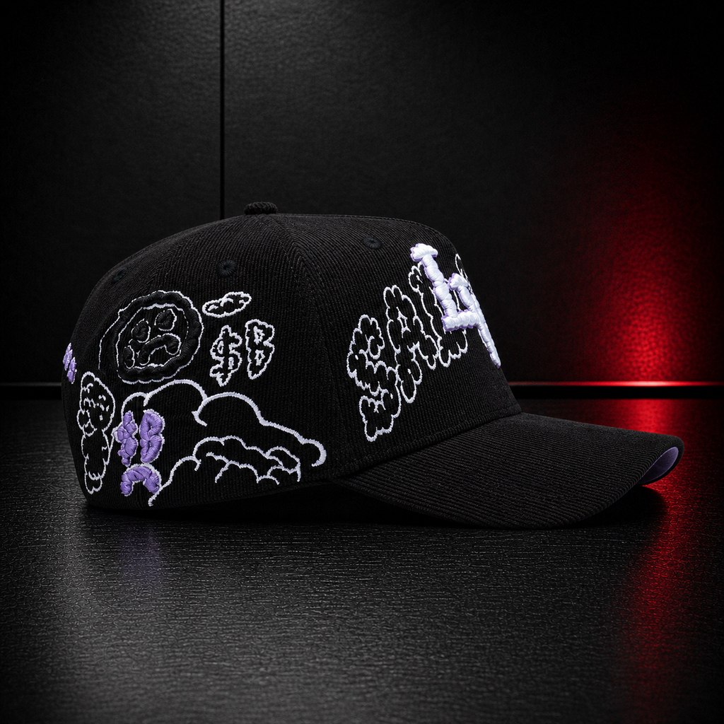 ComplexCon Purple Graffiti Embroidered Black Corduroy Snapback Hat