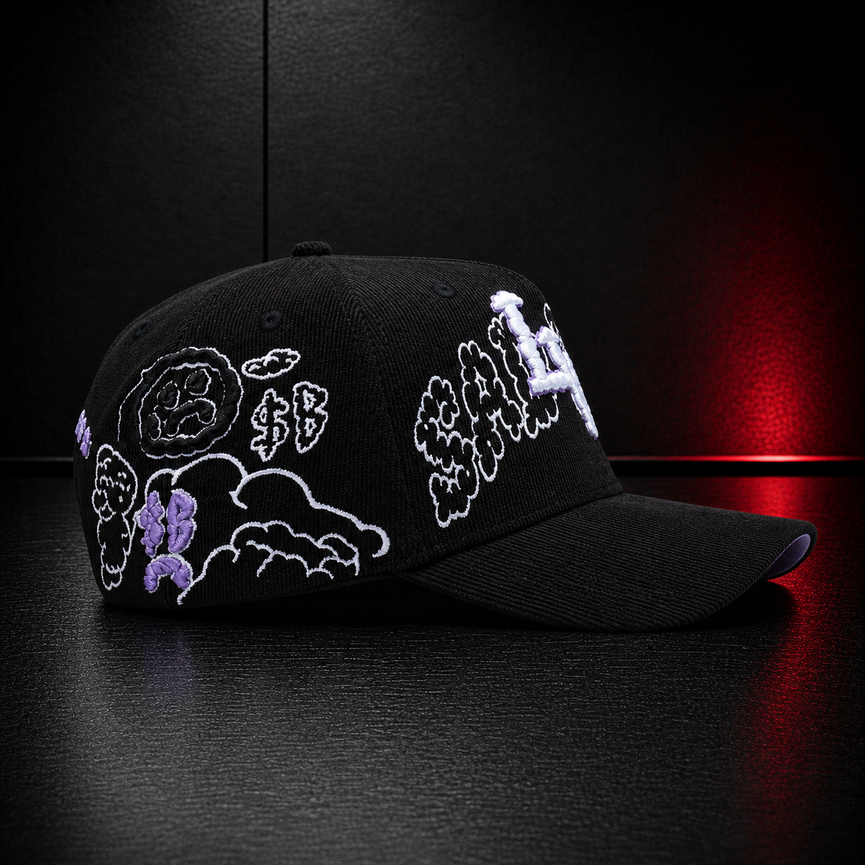 ComplexCon Purple Graffiti Embroidered Black Corduroy Snapback Hat