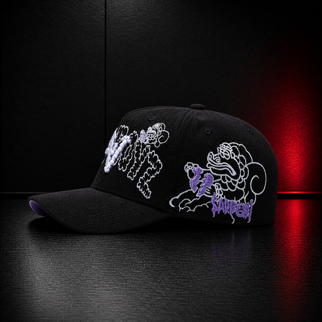 ComplexCon Purple Graffiti Embroidered Black Corduroy Snapback Hat