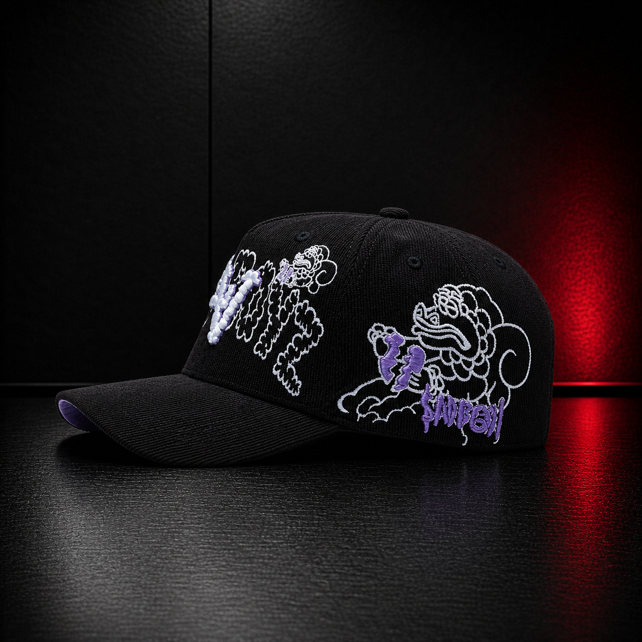 ComplexCon Purple Graffiti Embroidered Black Corduroy Snapback Hat