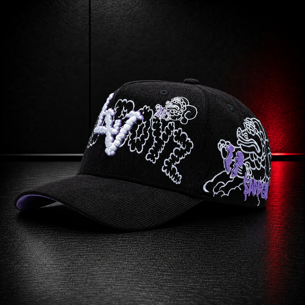 ComplexCon Purple Graffiti Embroidered Black Corduroy Snapback Hat