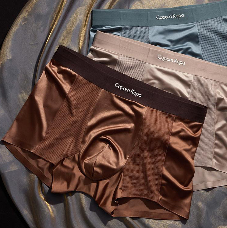 Mesh Panel Satin Texture Wide Waist Boxer Briefs