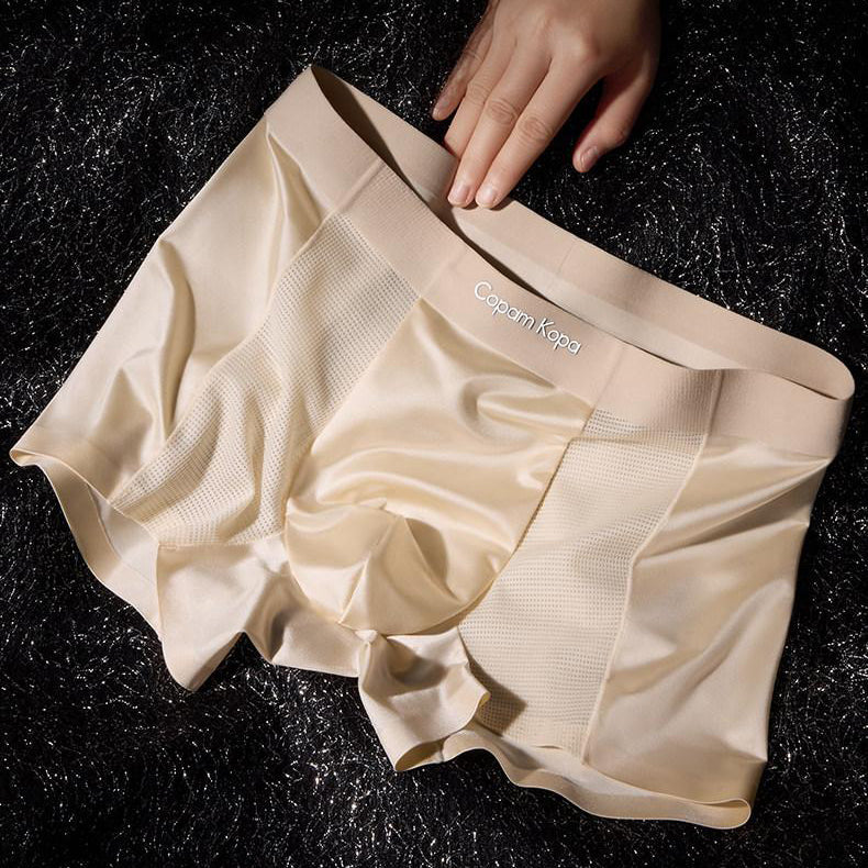 Mesh Panel Satin Texture Wide Waist Boxer Briefs