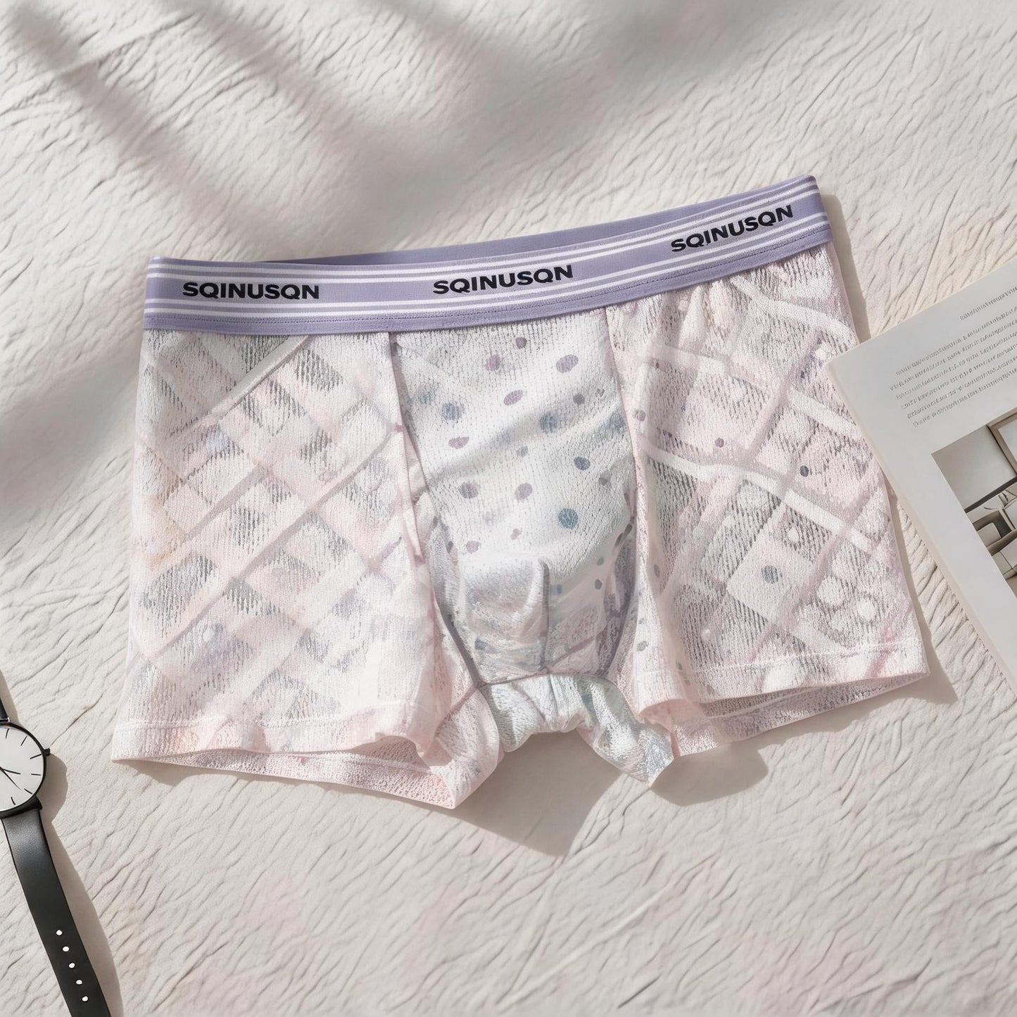 Gradient Geometric Diamond Sheer Stripe Waist Mesh Boxer Briefs