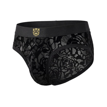 3D Rose Flocked Sheer Mesh Tiger Badge Low-Rise Briefs
