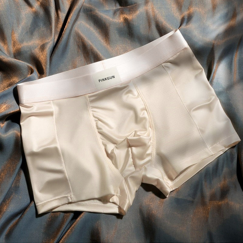 Mesh Panel Satin Texture Wide Waist Boxer Briefs