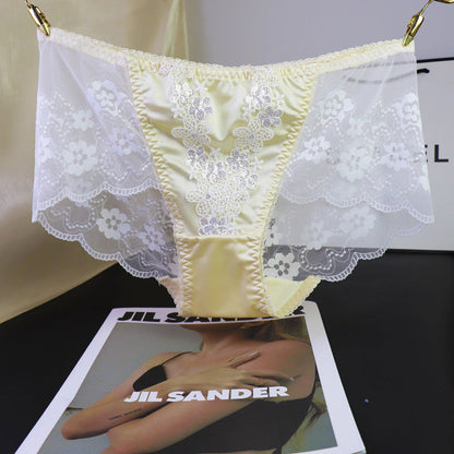 Floral Sequin Embroidery Mesh Lace Satin Splicing Mid-Rise Briefs