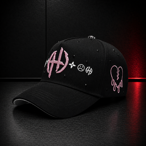 Black Pink Rhinestone Graphic Cap