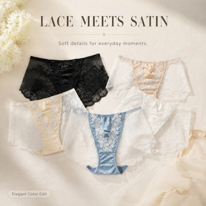 Floral Sequin Embroidery Mesh Lace Satin Splicing Mid-Rise Briefs