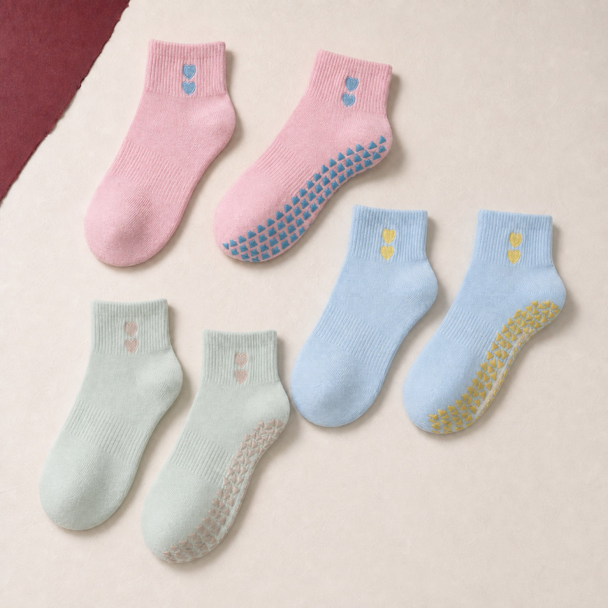 VORTRAY Soft Studio Trio grip socks in blush pink, powder blue, and soft sage