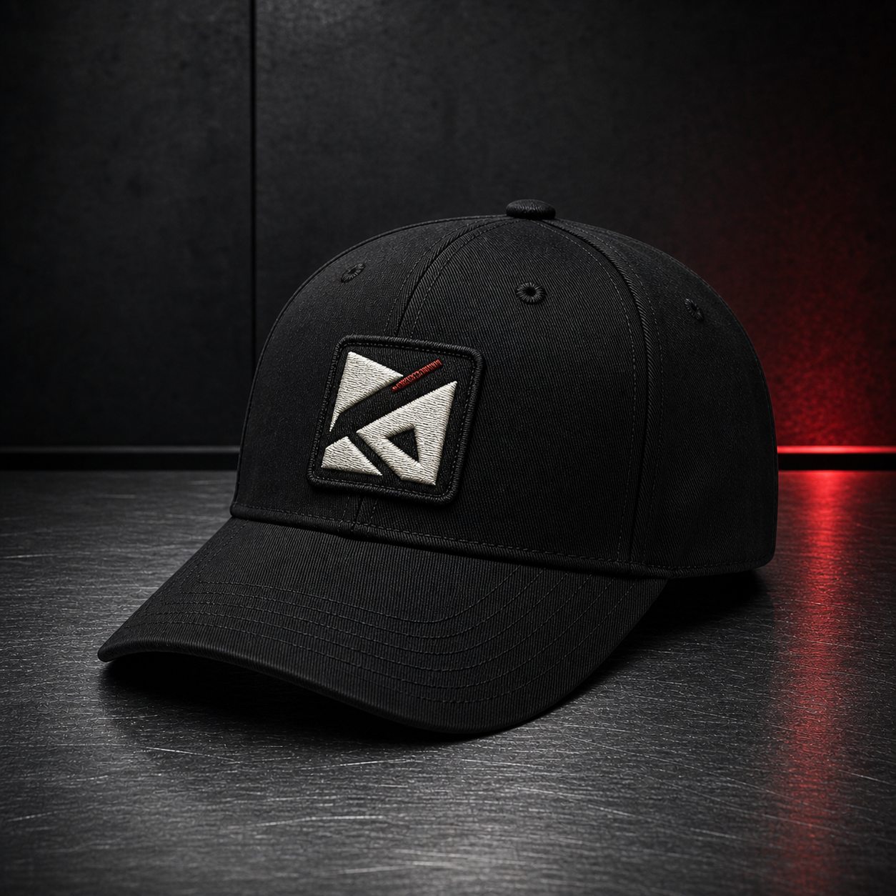 Vortray White Signal Patch Cap on a dark steel surface