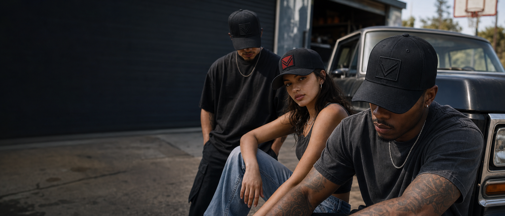 Three models wearing black Vortray patch caps near a garage and outdoor court
