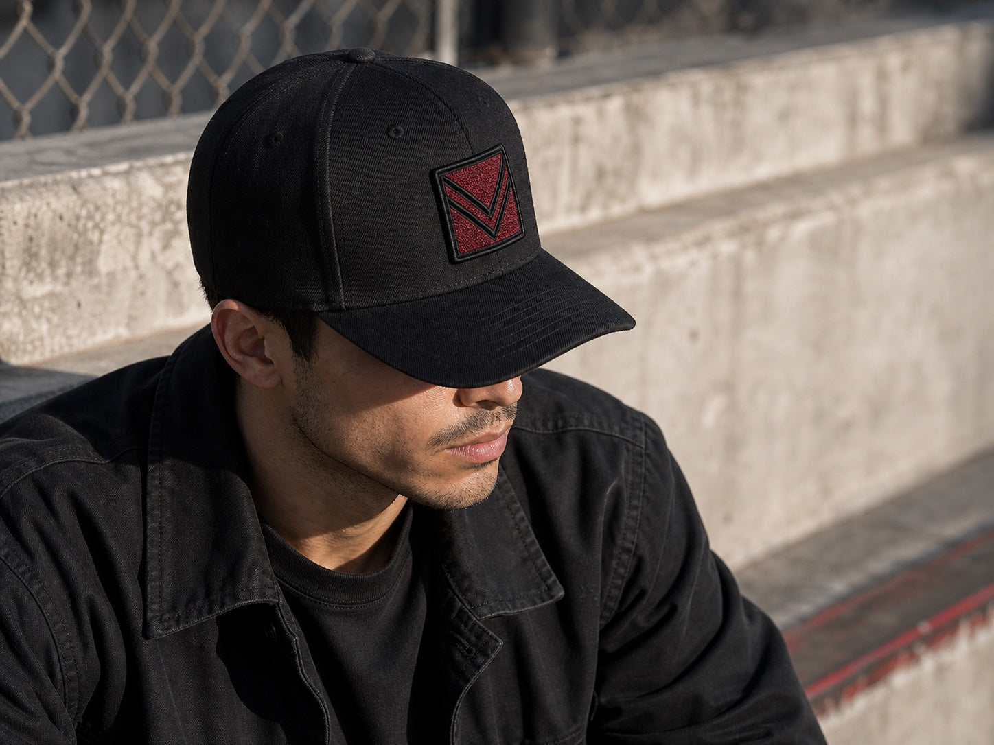 Vortray red patch cap worn outdoors with a clean structured front profile