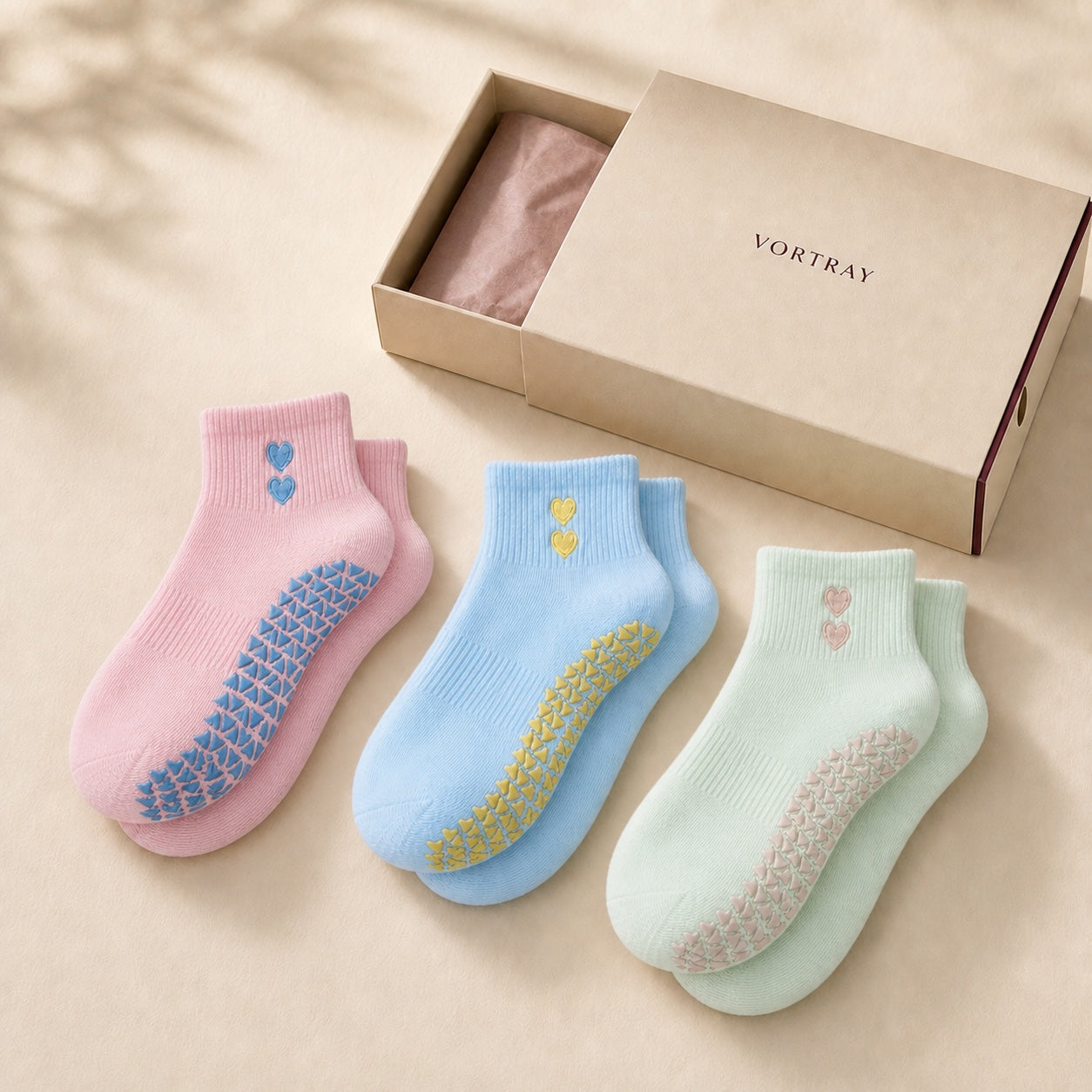 VORTRAY Soft Trio grip socks in blush, powder blue and sage with an ivory drawer box